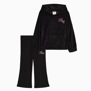 Toddler Girls Puma Black Velour Hoodie Pink Logo and Flare Leggings set Size 2T